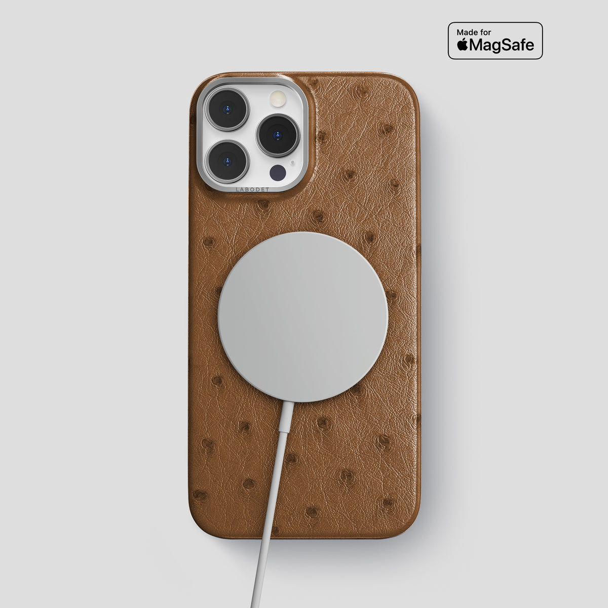 Medium-Brown iPhone 15 Pro Max Classic Case Ostrich with Steel Metal -4 | Medium-Brown-Steel