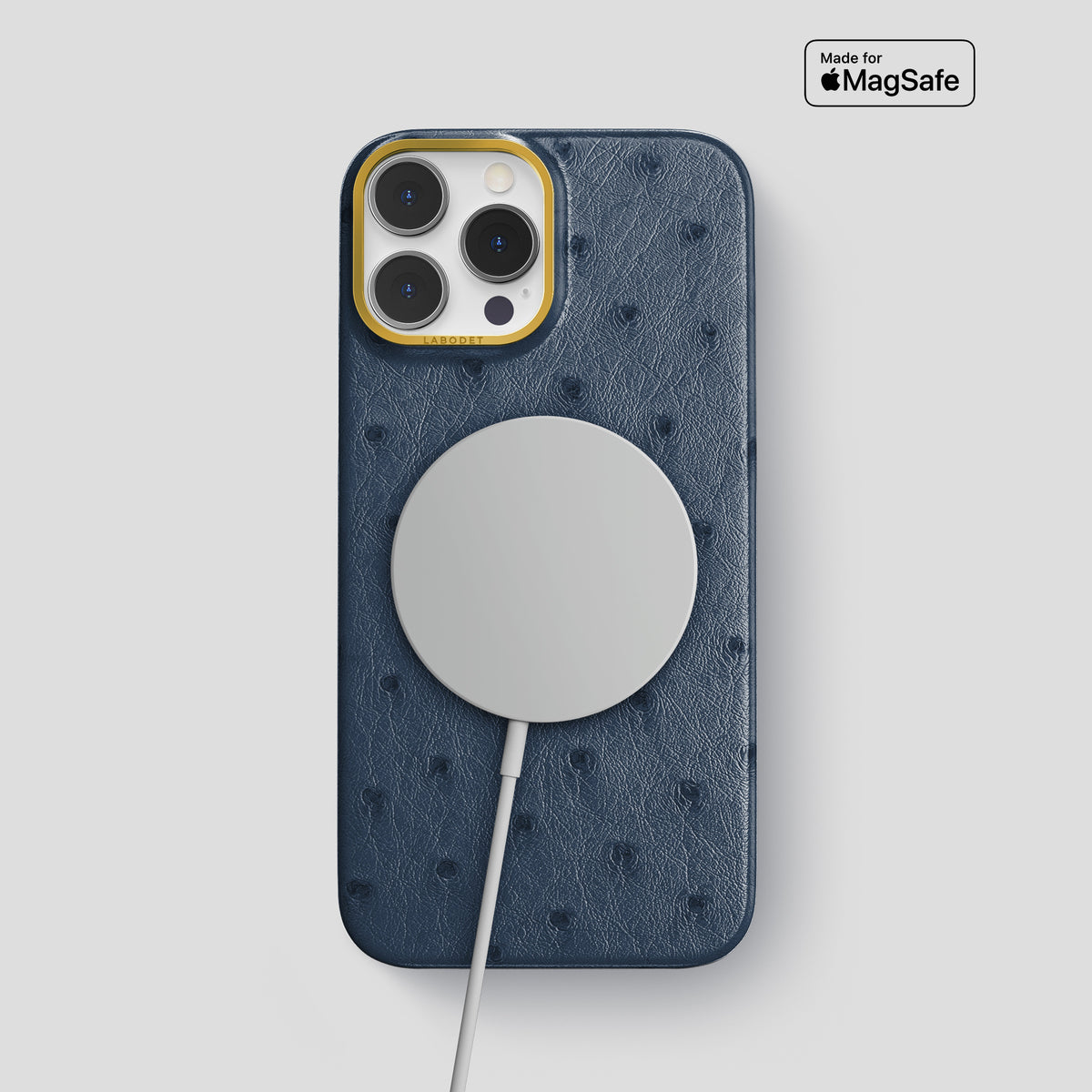 Navy-Blue iPhone 15 Pro Max Classic Case Ostrich with Gold Metal -4 | Navy-Blue-Gold