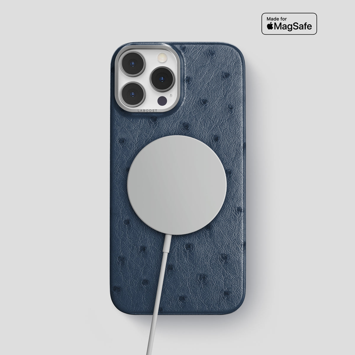 Navy-Blue iPhone 15 Pro Max Classic Case Ostrich with Steel Metal -4 | Navy-Blue-Steel
