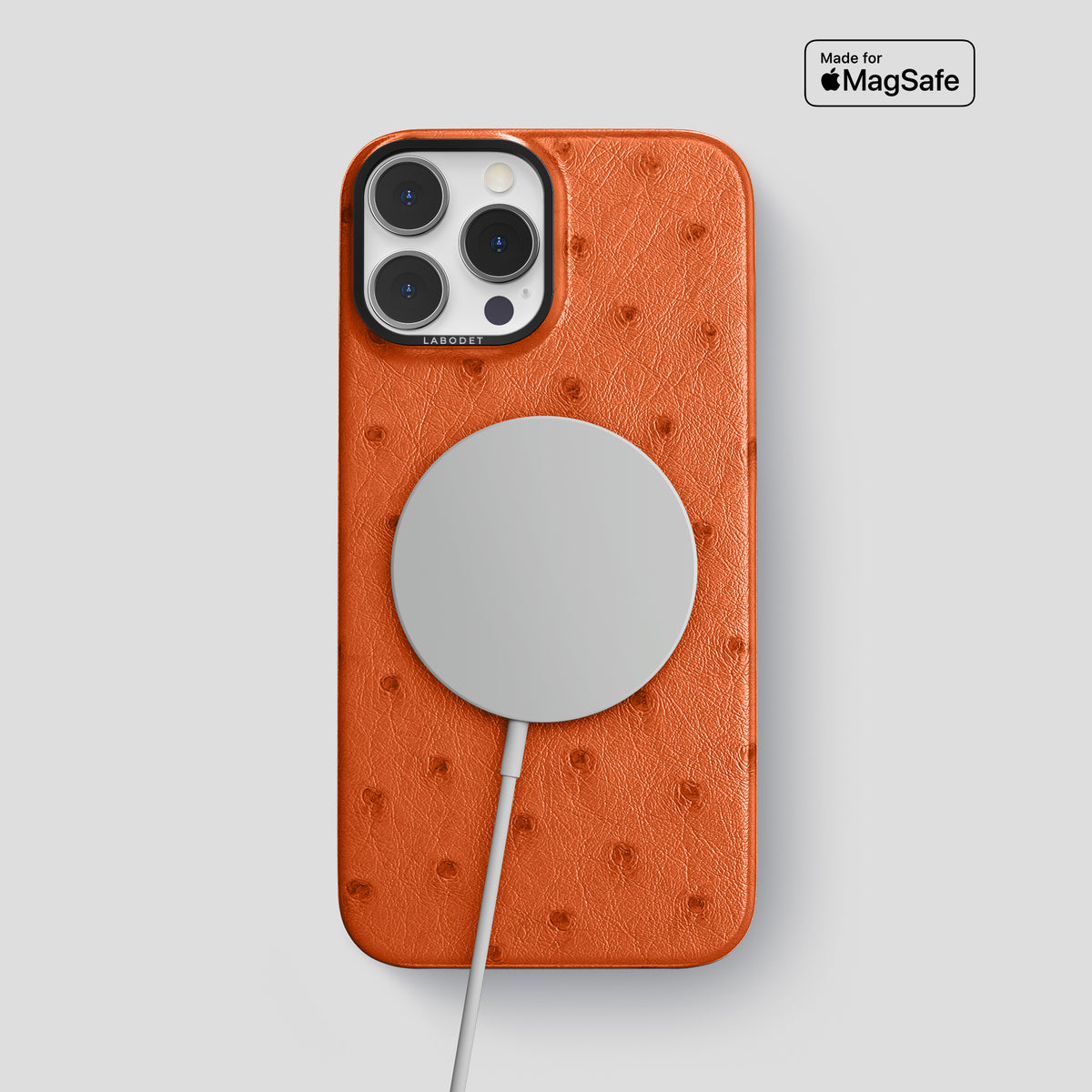 Orange iPhone 15 Pro Max Classic Case Ostrich with Black Metal -4 | Orange-Black