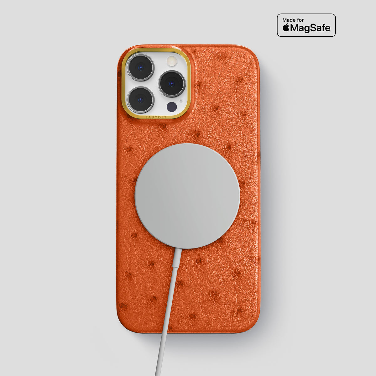 Orange iPhone 15 Pro Max Classic Case Ostrich with Gold Metal -4 | Orange-Gold