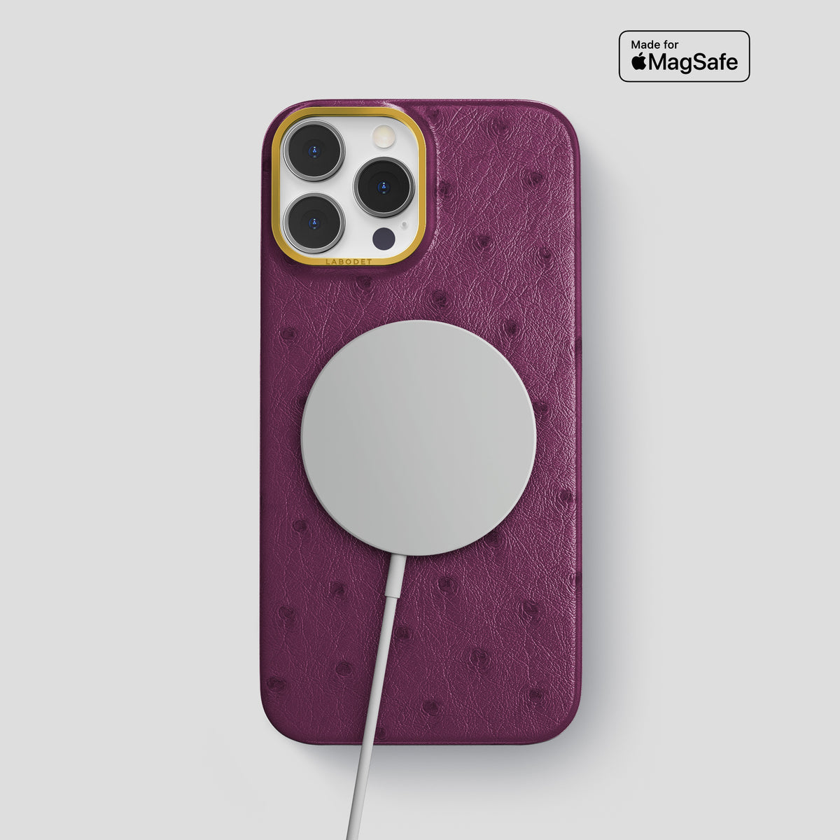 Purple iPhone 15 Pro Max Classic Case Ostrich with Gold Metal -4 | Purple-Gold
