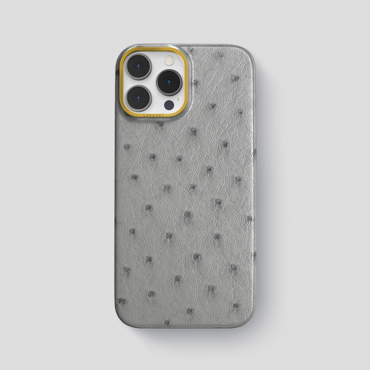 Silver iPhone 15 Pro Max Classic Case Ostrich with Gold Metal -1 | Silver-Gold