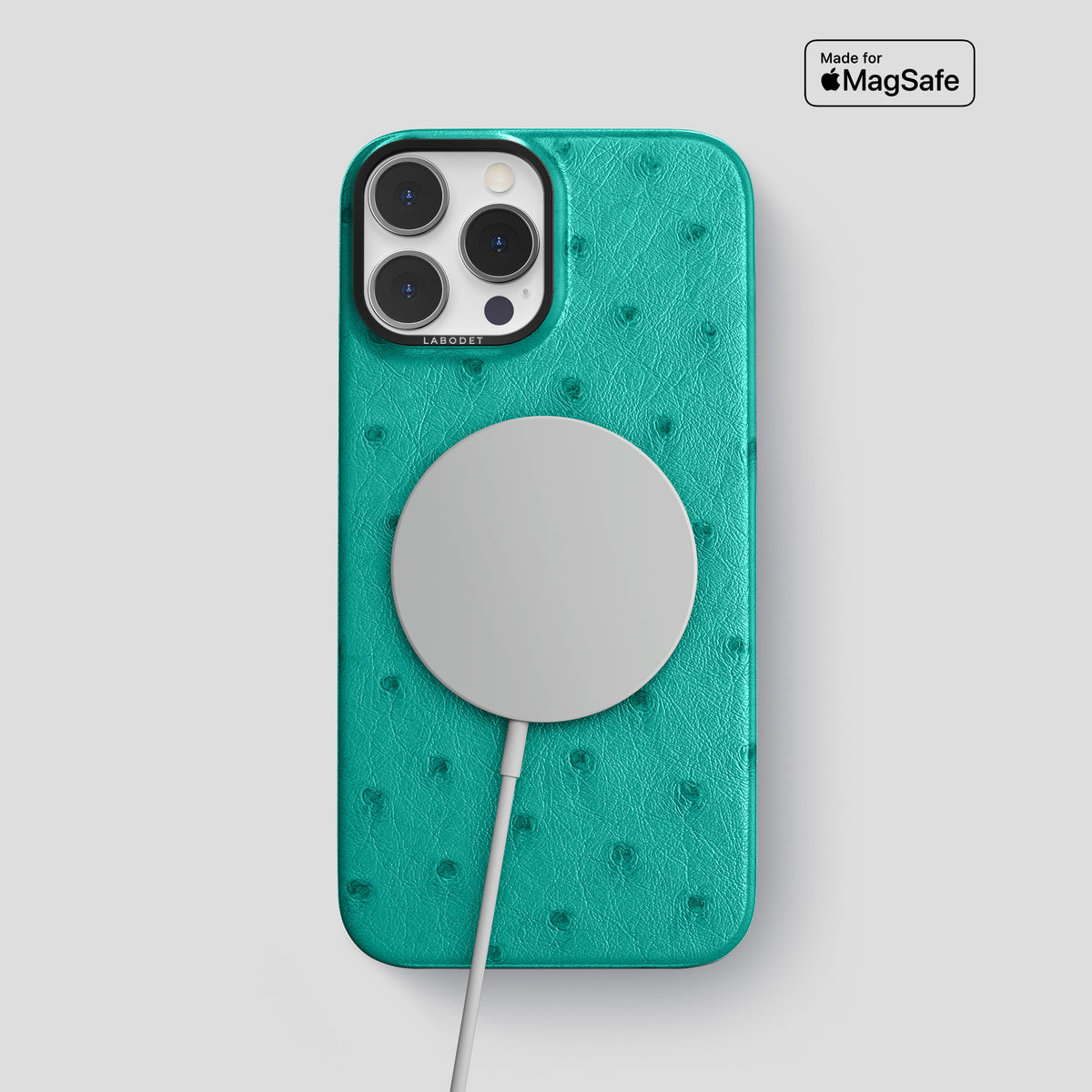 Turquoise iPhone 15 Pro Max Classic Case Ostrich with Black Metal -4 | Turquoise-Black