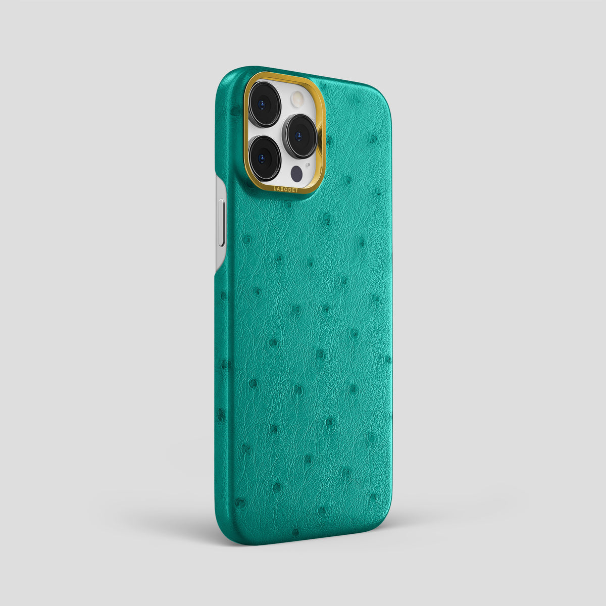Turquoise iPhone 15 Pro Max Classic Case Ostrich with Gold Metal -2 | Turquoise-Gold