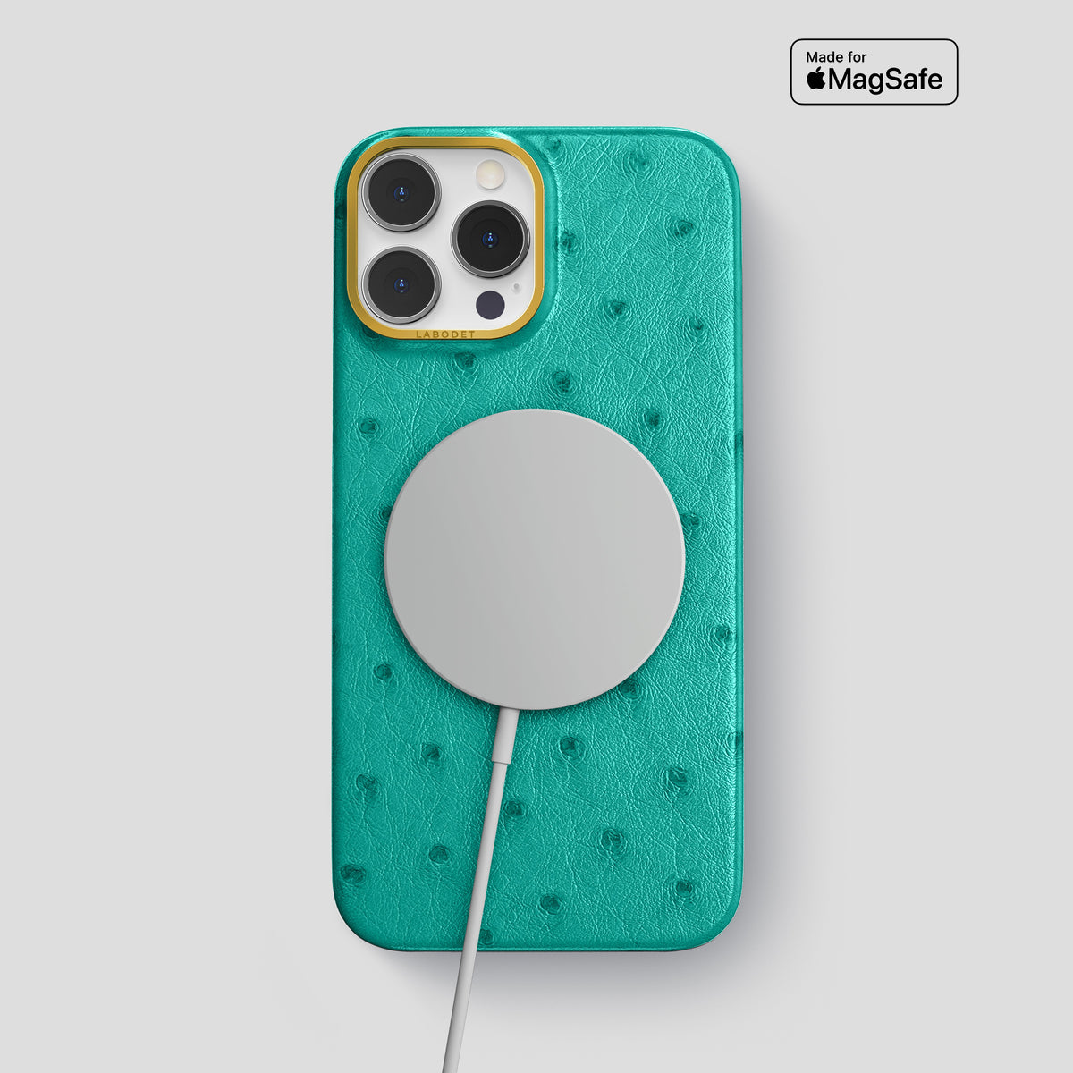 Turquoise iPhone 15 Pro Max Classic Case Ostrich with Gold Metal -4 | Turquoise-Gold