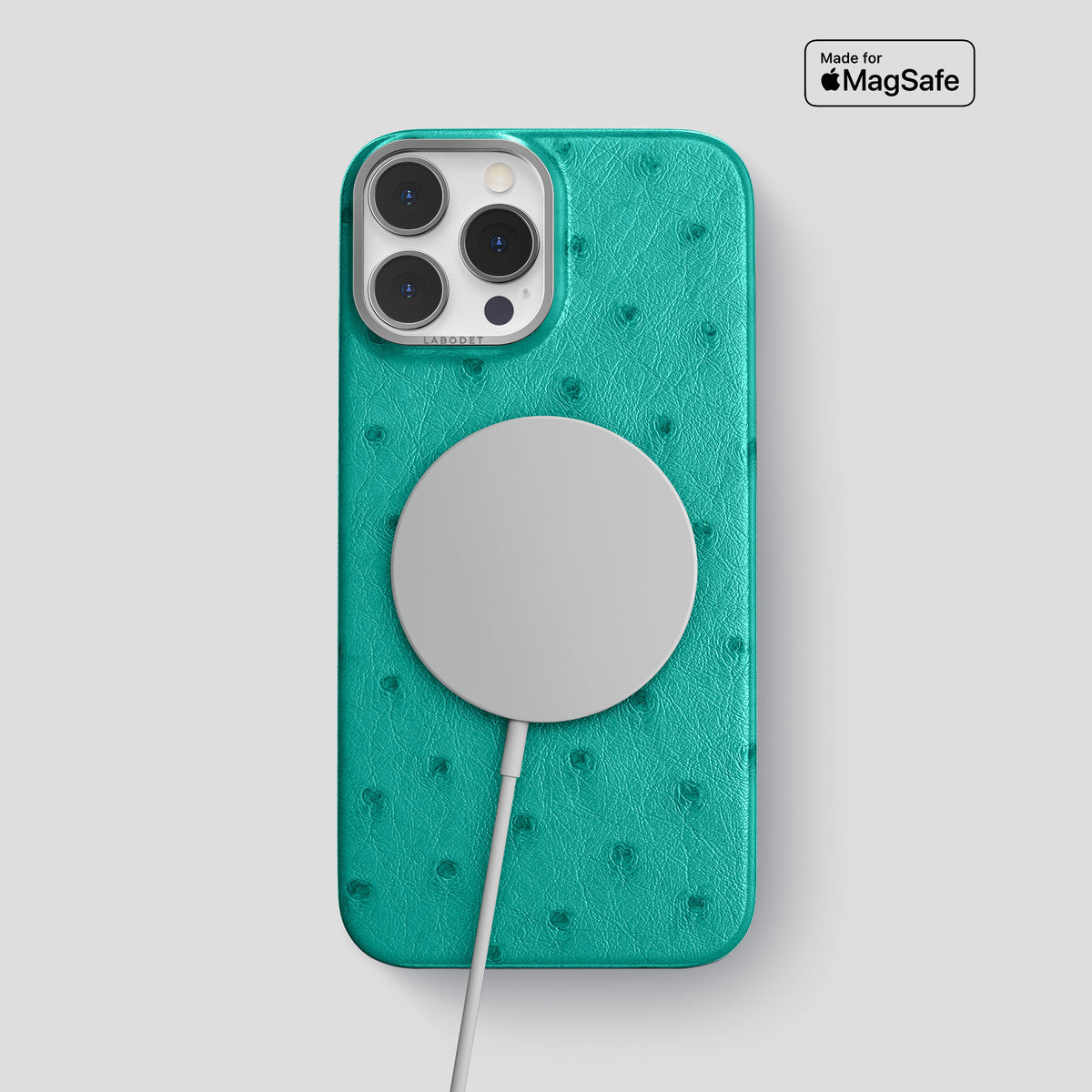 Turquoise iPhone 15 Pro Max Classic Case Ostrich with Steel Metal -4 | Turquoise-Steel