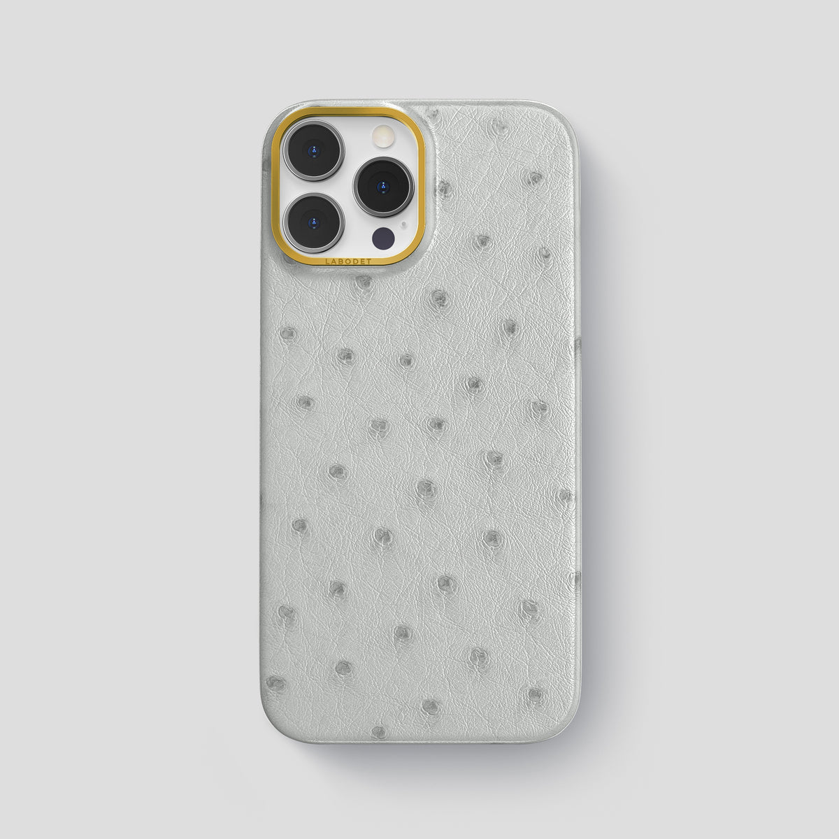 White iPhone 15 Pro Max Classic Case Ostrich with Gold Metal -1 | White-Gold