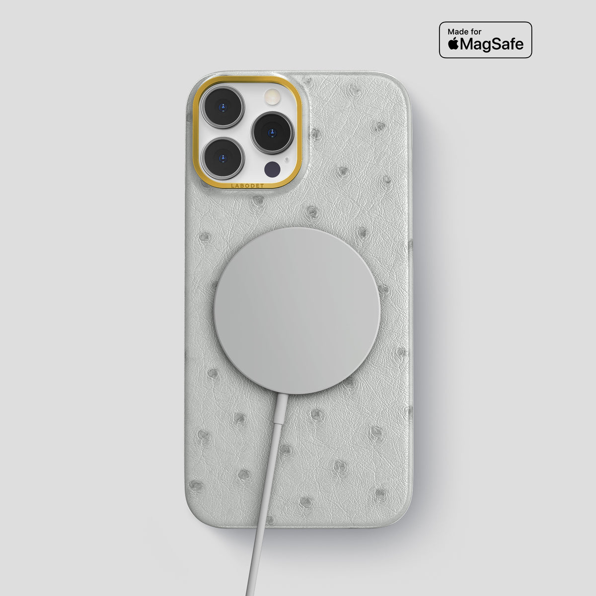 White iPhone 15 Pro Max Classic Case Ostrich with Gold Metal -4 | White-Gold