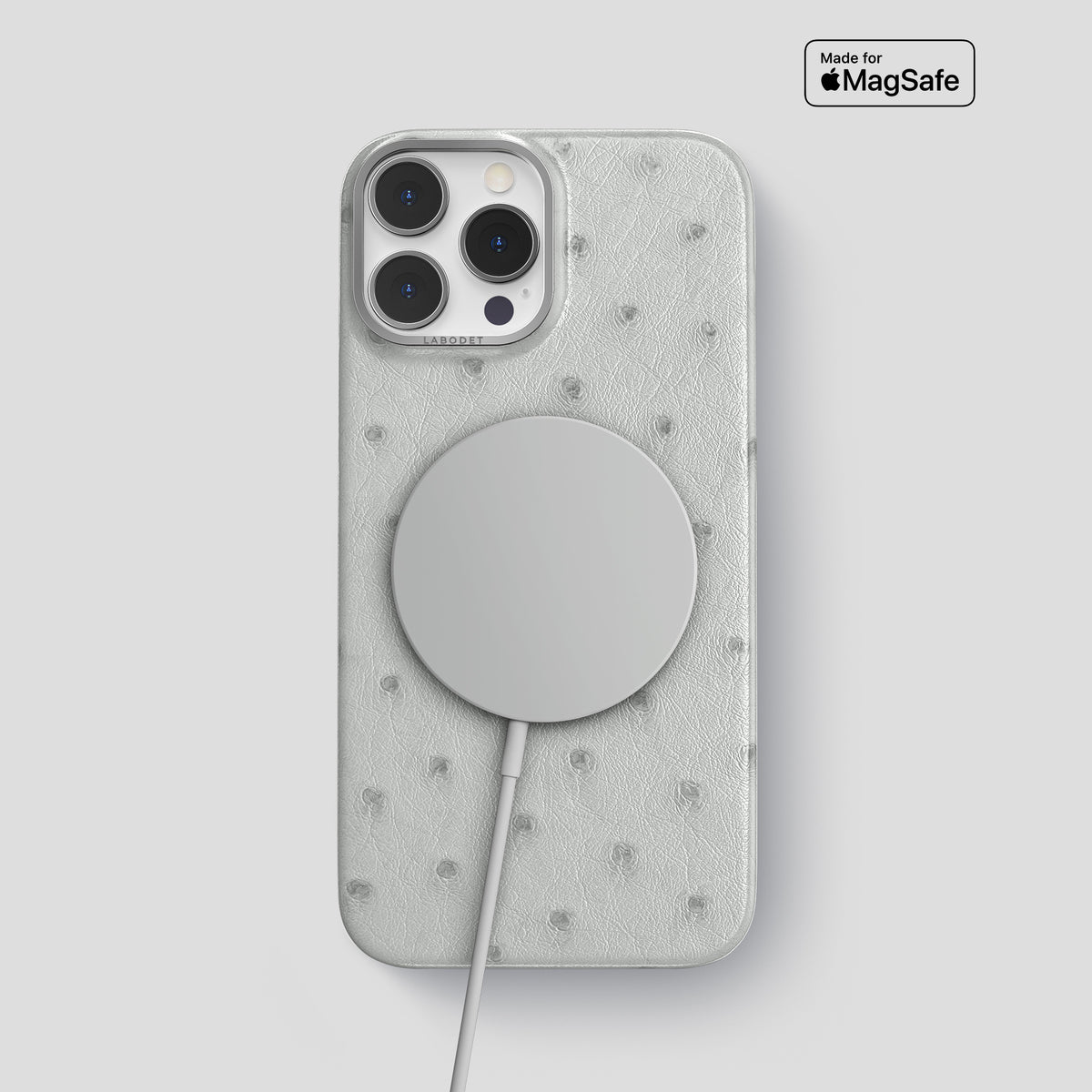 White iPhone 15 Pro Max Classic Case Ostrich with Steel Metal -4 | White-Steel