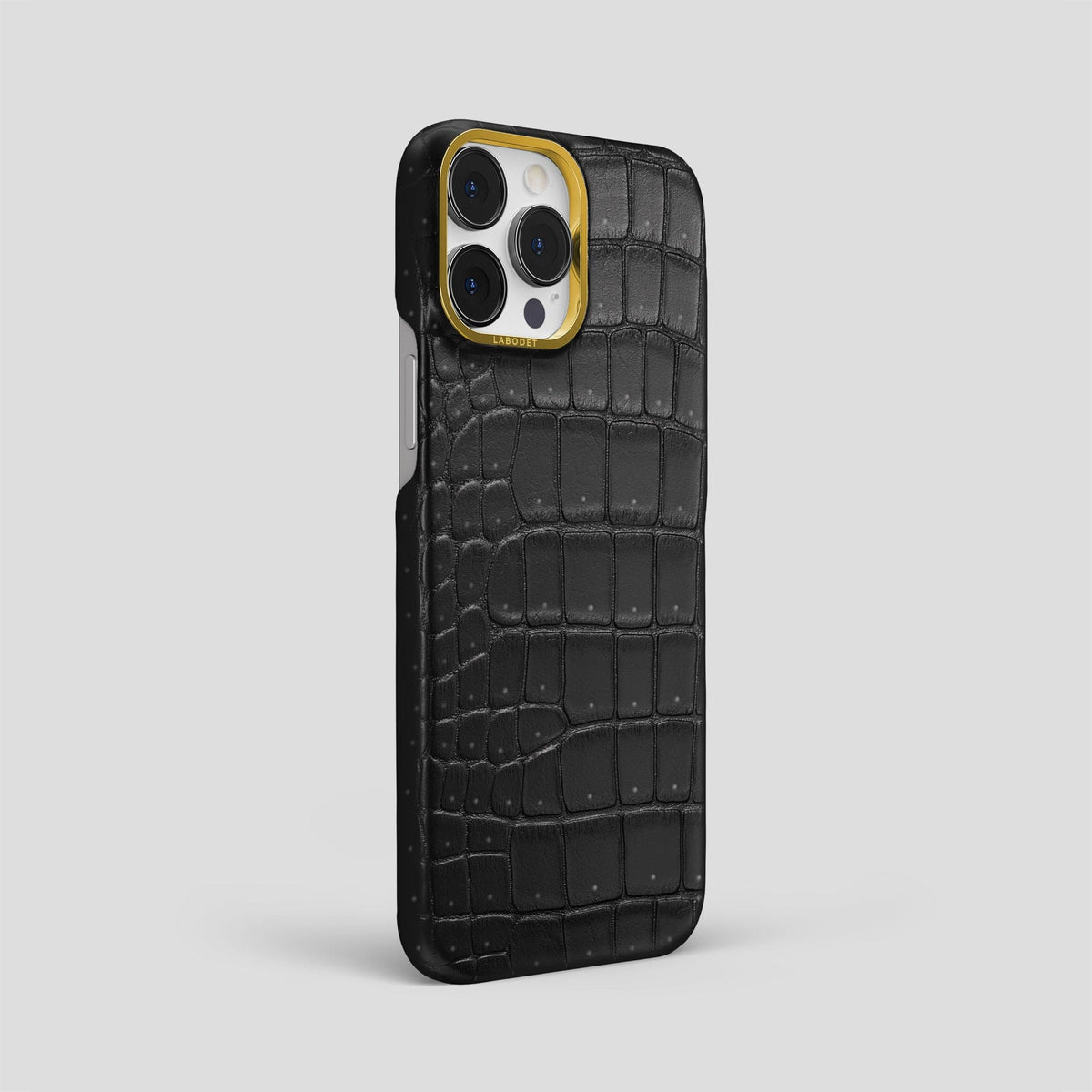 Black iPhone 15 Pro Max Classic Case Porosus Crocodile with Gold Metal -2 | Black-Gold
