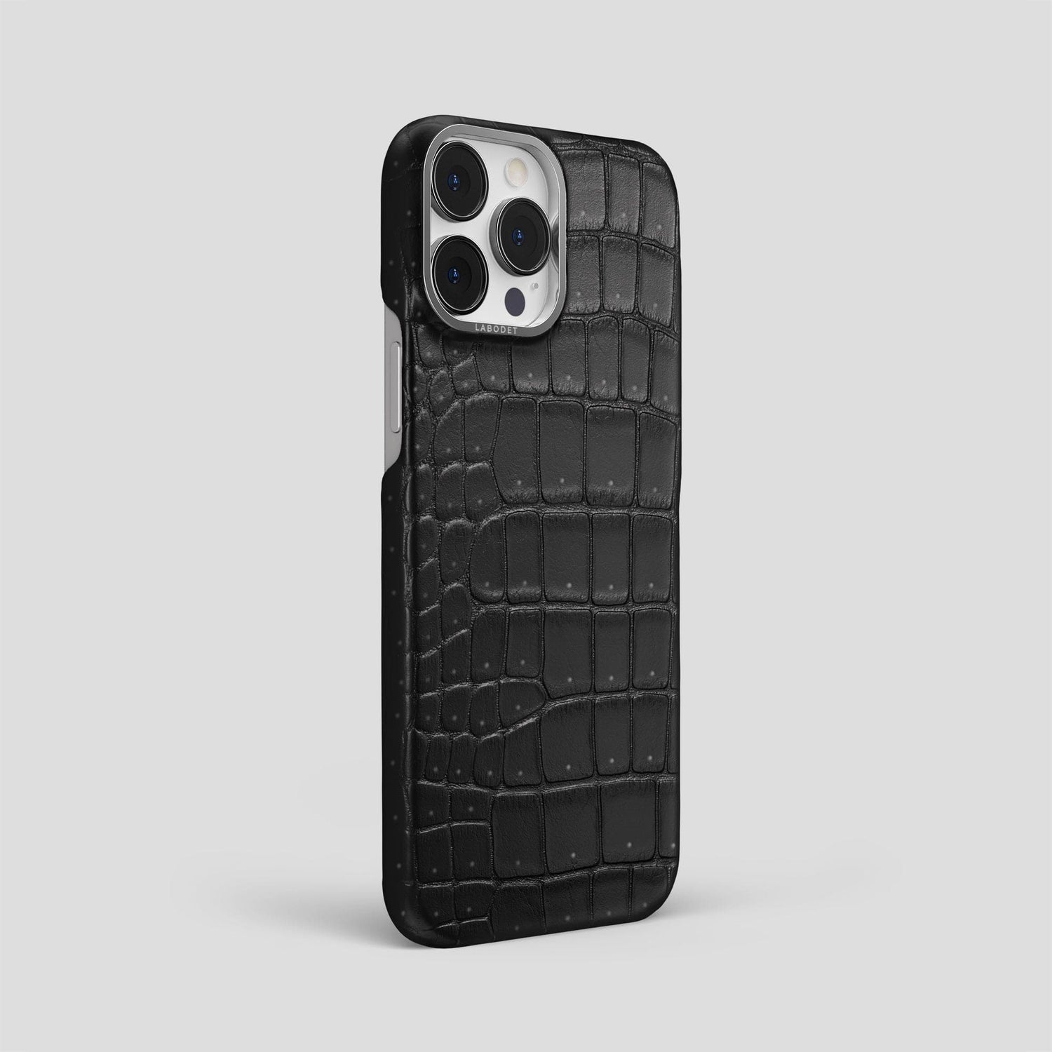 Black iPhone 15 Pro Max Classic Case Porosus Crocodile with Steel Metal -2 | Black-Steel