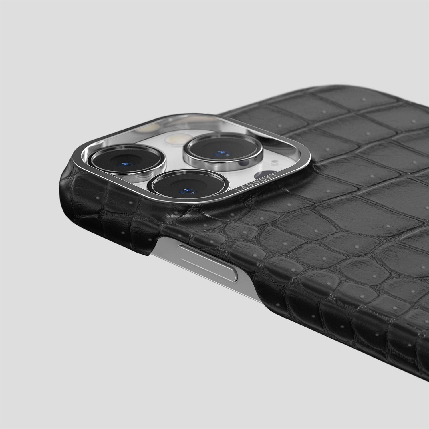 Black iPhone 15 Pro Max Classic Case Porosus Crocodile with Steel Metal -6 | Black-Steel