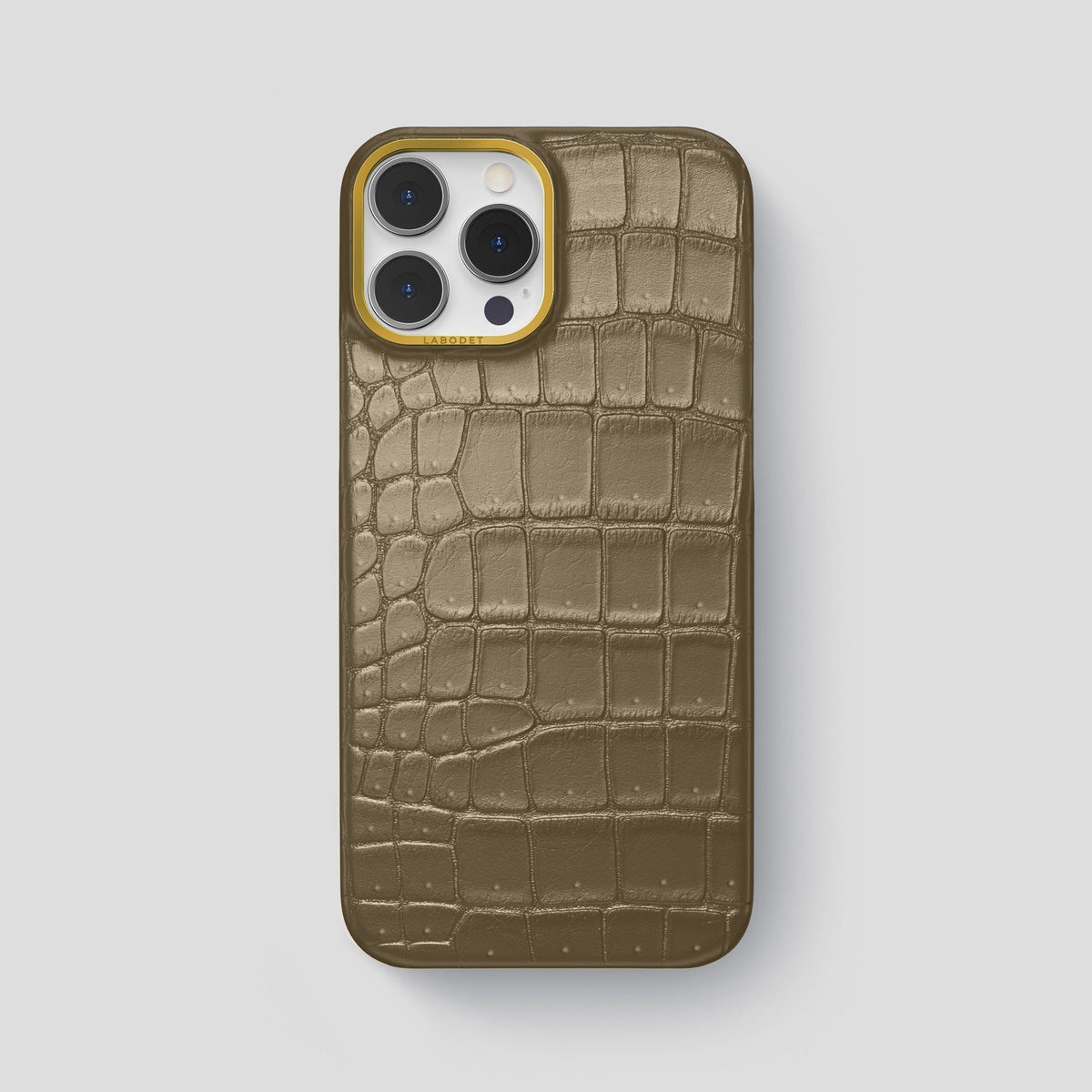 Kaki-Green iPhone 15 Pro Max Classic Case Porosus Crocodile with Gold Metal -1 | Kaki-Green-Gold
