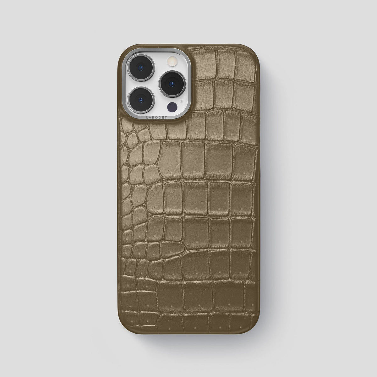 Kaki-Green iPhone 15 Pro Max Classic Case Porosus Crocodile with Steel Metal -1 | Kaki-Green-Steel