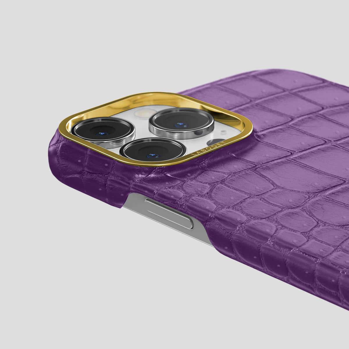 Purple iPhone 15 Pro Max Classic Case Porosus Crocodile with Gold Metal -6 | Purple-Gold