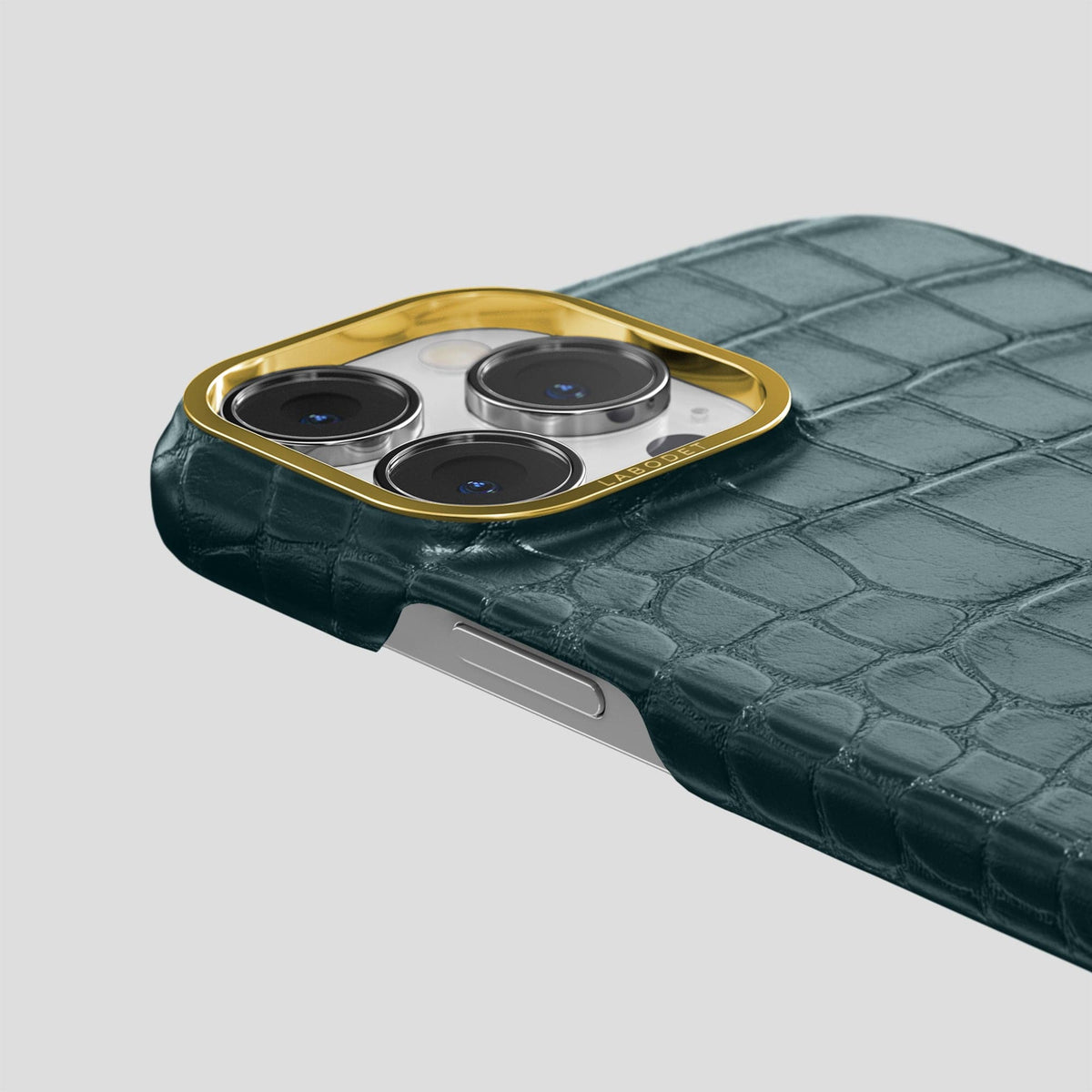 Metallic-Blue iPhone 15 Pro Classic Case Alligator with Gold Metal -6 | Metallic-Blue-Gold