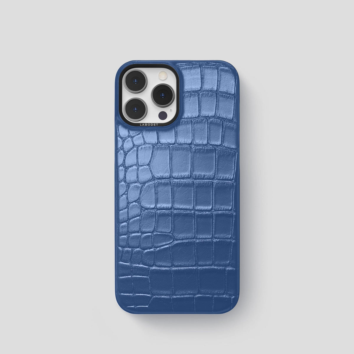 Pearlized-Blue iPhone 15 Pro Classic Case Alligator with Black Metal -1 | Pearlized-Blue-Black