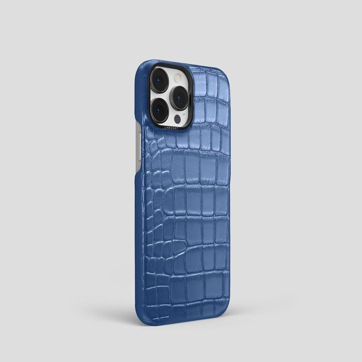 Pearlized-Blue iPhone 15 Pro Classic Case Alligator with Black Metal -2 | Pearlized-Blue-Black