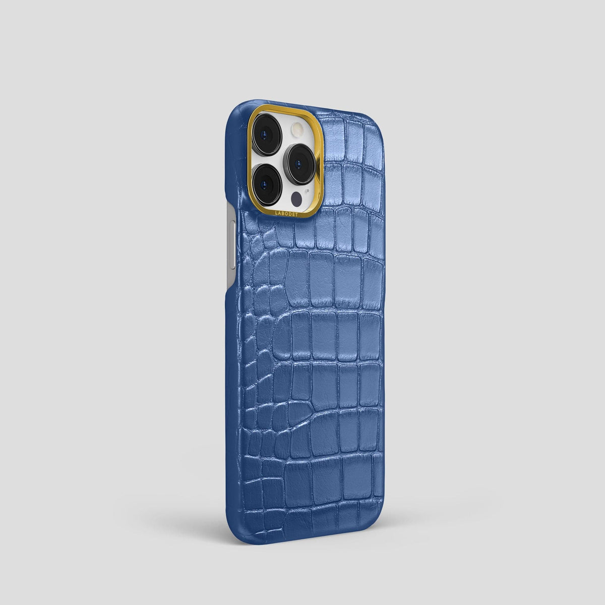 Pearlized-Blue iPhone 15 Pro Classic Case Alligator with Gold Metal -2 | Pearlized-Blue-Gold