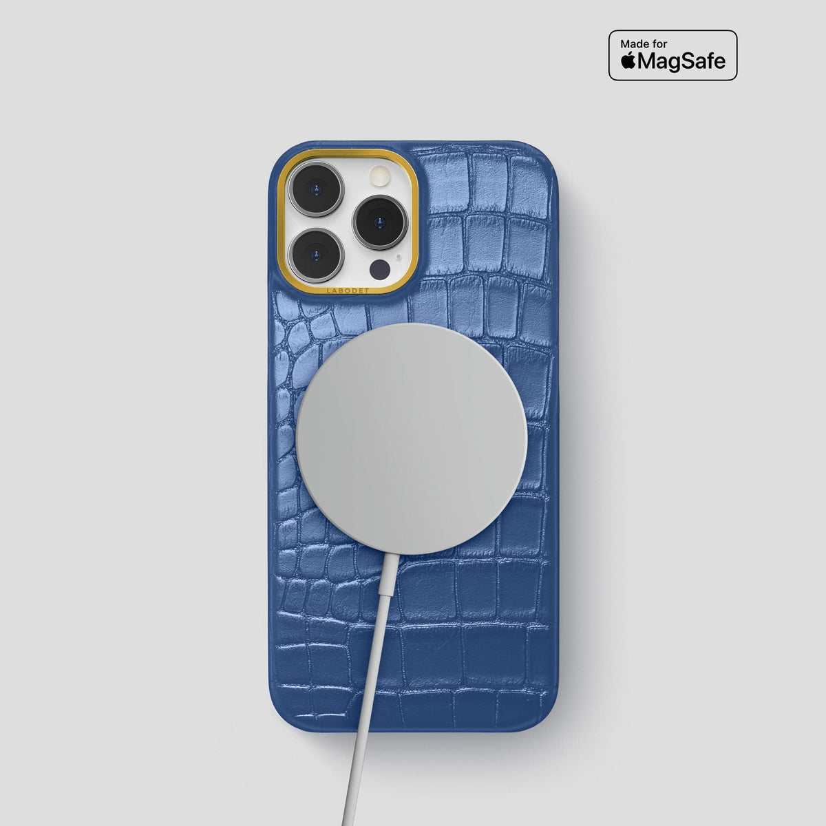Pearlized-Blue iPhone 15 Pro Classic Case Alligator with Gold Metal -5 | Pearlized-Blue-Gold