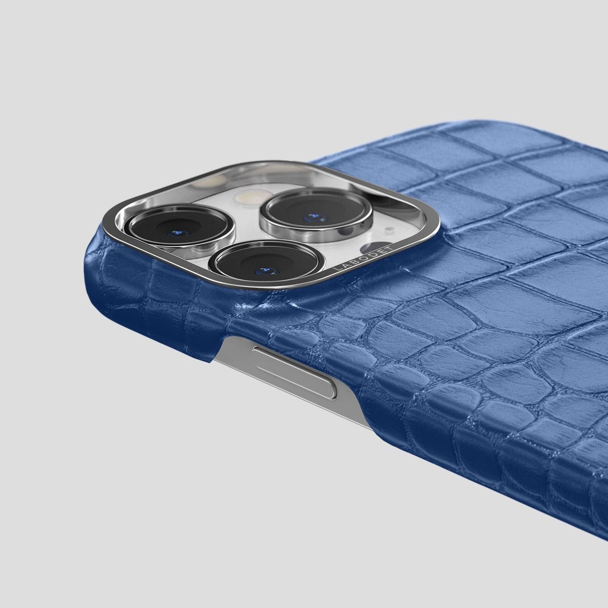 Pearlized-Blue iPhone 15 Pro Classic Case Alligator with Steel Metal -6 | Pearlized-Blue-Steel