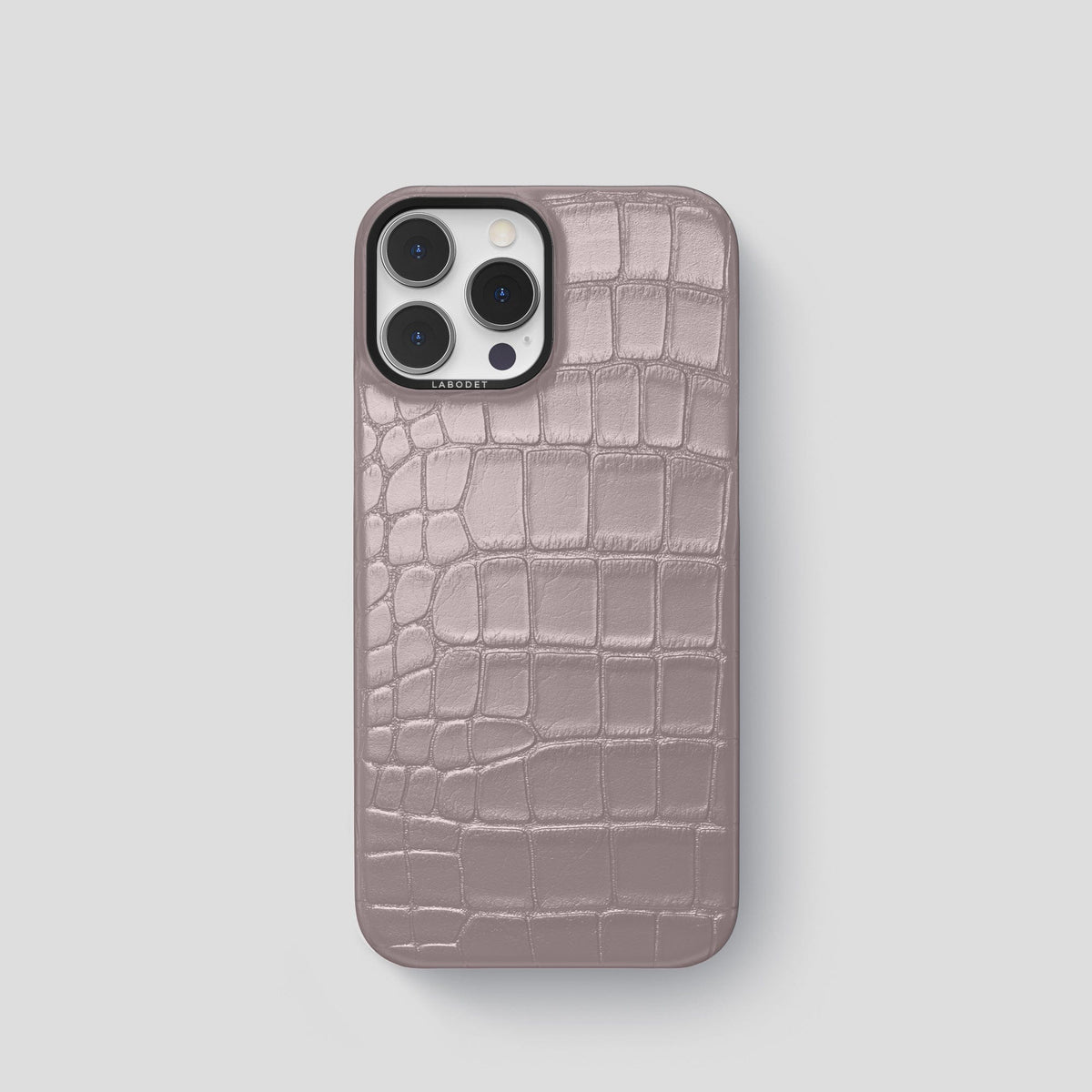 Pearlized-Pink iPhone 15 Pro Classic Case Alligator with Black Metal -1 | Pearlized-Pink-Black