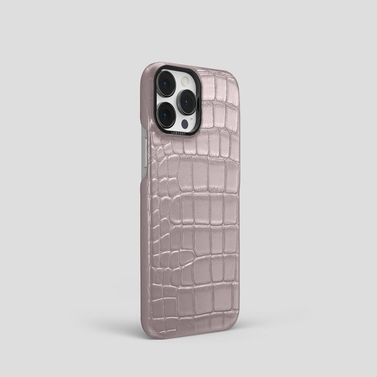 Pearlized-Pink iPhone 15 Pro Classic Case Alligator with Black Metal -2 | Pearlized-Pink-Black