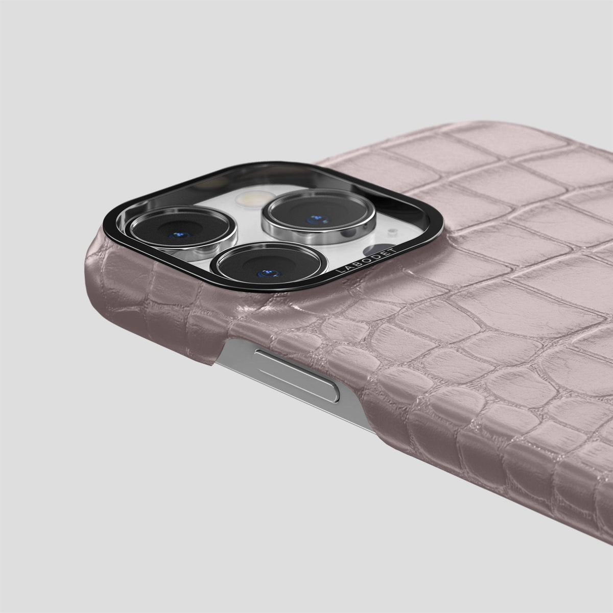 Pearlized-Pink iPhone 15 Pro Classic Case Alligator with Black Metal -6 | Pearlized-Pink-Black