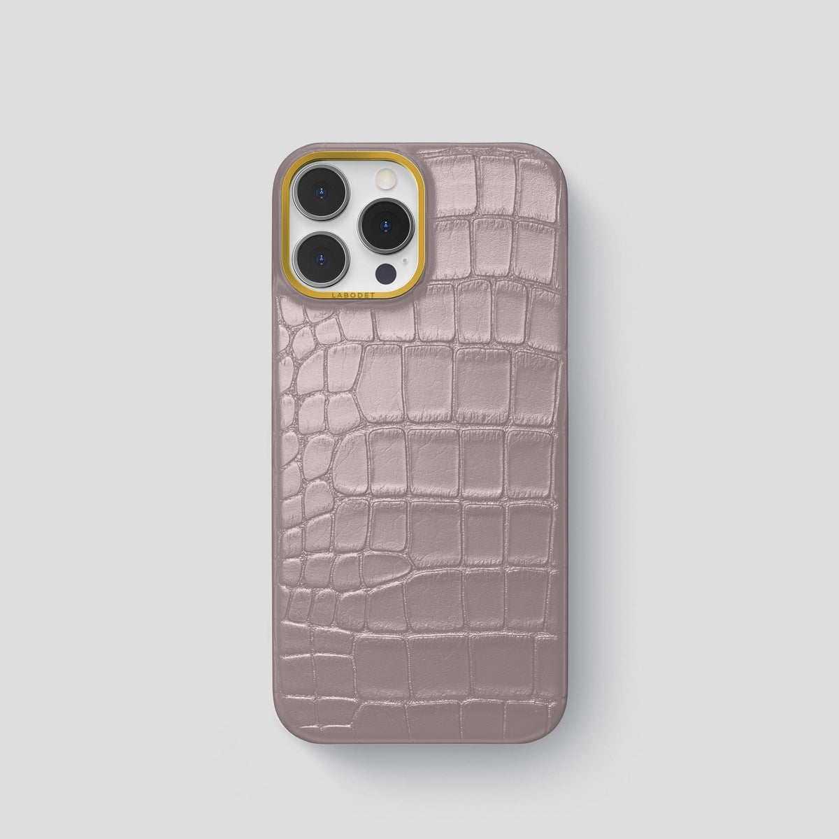 Pearlized-Pink iPhone 15 Pro Classic Case Alligator with Gold Metal -1 | Pearlized-Pink-Gold