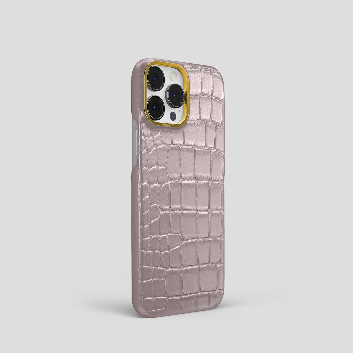 Pearlized-Pink iPhone 15 Pro Classic Case Alligator with Gold Metal -2 | Pearlized-Pink-Gold