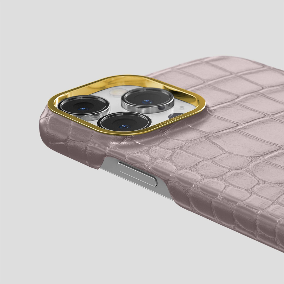 Pearlized-Pink iPhone 15 Pro Classic Case Alligator with Gold Metal -6 | Pearlized-Pink-Gold