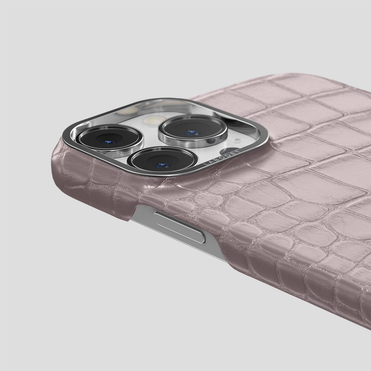 Pearlized-Pink iPhone 15 Pro Classic Case Alligator with Steel Metal -6 | Pearlized-Pink-Steel
