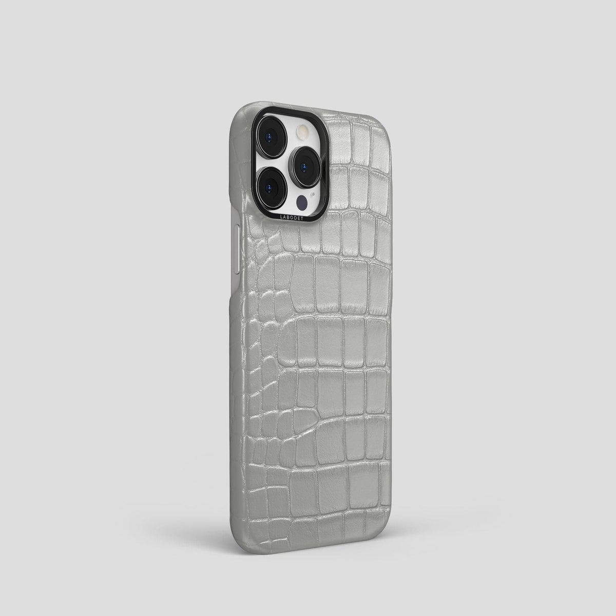 Pearlized-White iPhone 15 Pro Classic Case Alligator with Black Metal -2 | Pearlized-White-Black