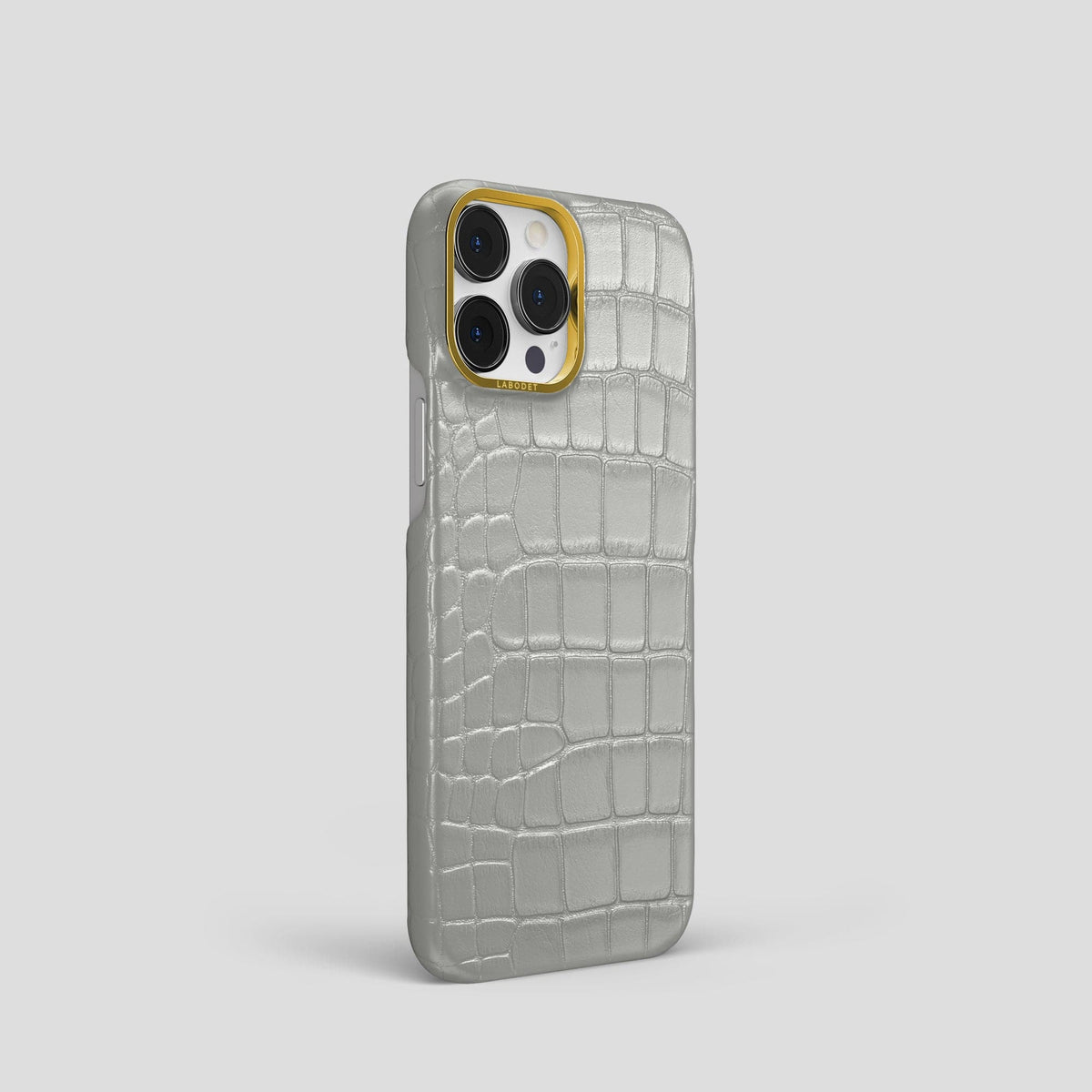Pearlized-White iPhone 15 Pro Classic Case Alligator with Gold Metal -2 | Pearlized-White-Gold