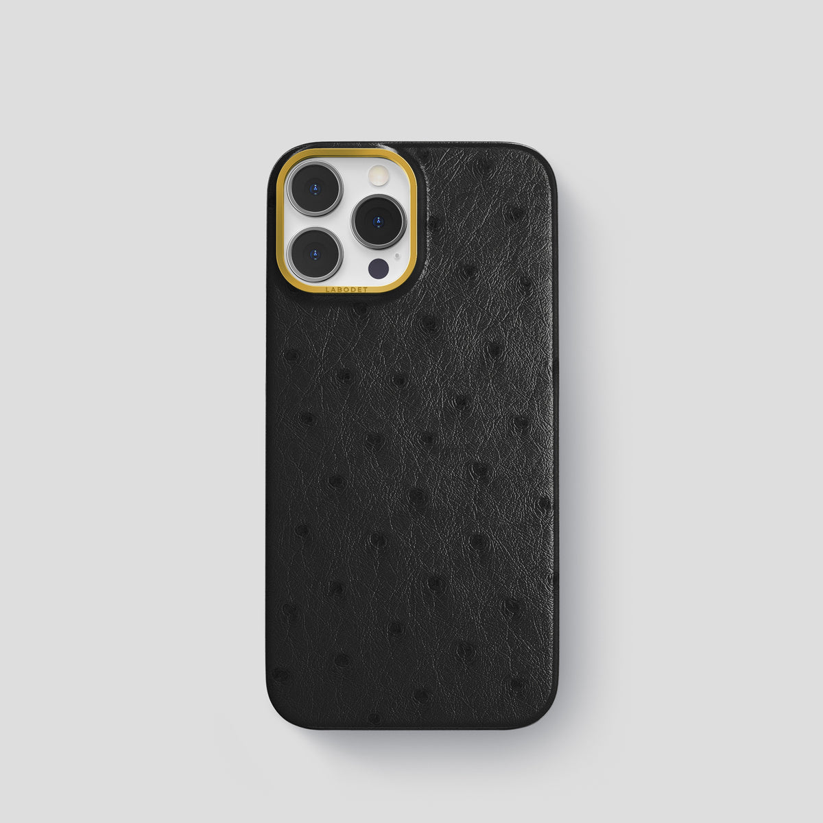 Black iPhone 15 Pro Classic Case Ostrich with Gold Metal -1 | Black-Gold