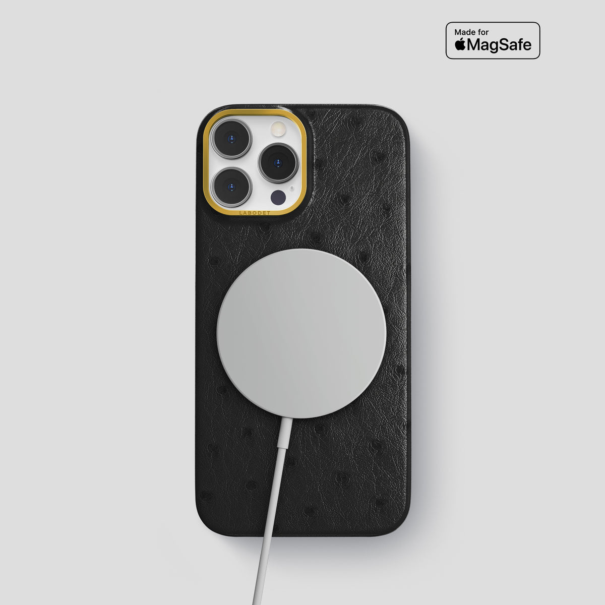 Black iPhone 15 Pro Classic Case Ostrich with Gold Metal -4 | Black-Gold