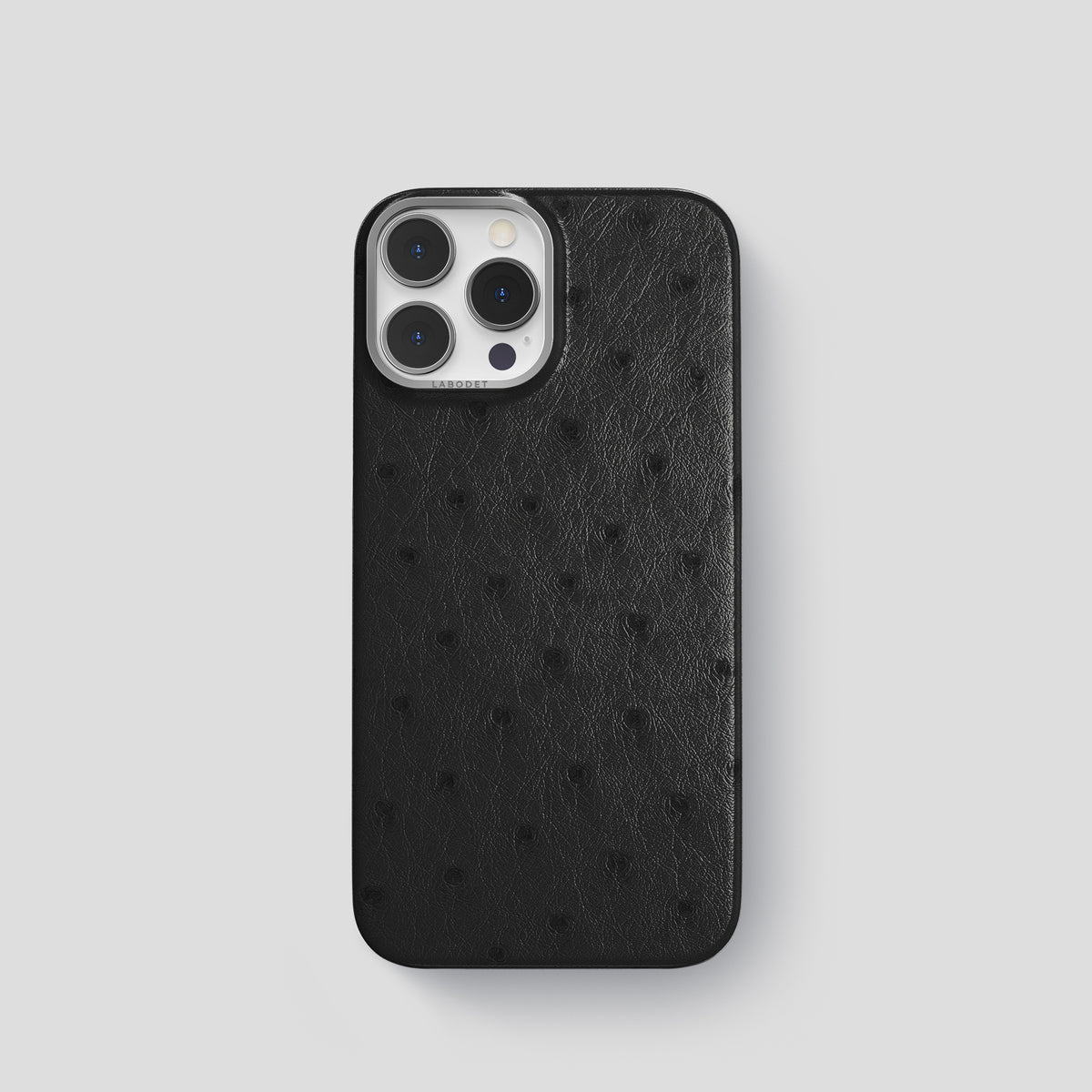 Black iPhone 15 Pro Classic Case Ostrich with Steel Metal -1 | Black-Steel