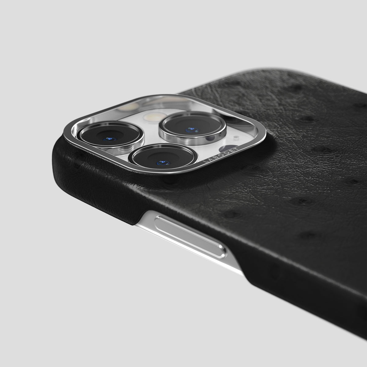 Black iPhone 15 Pro Classic Case Ostrich with Steel Metal -5 | Black-Steel