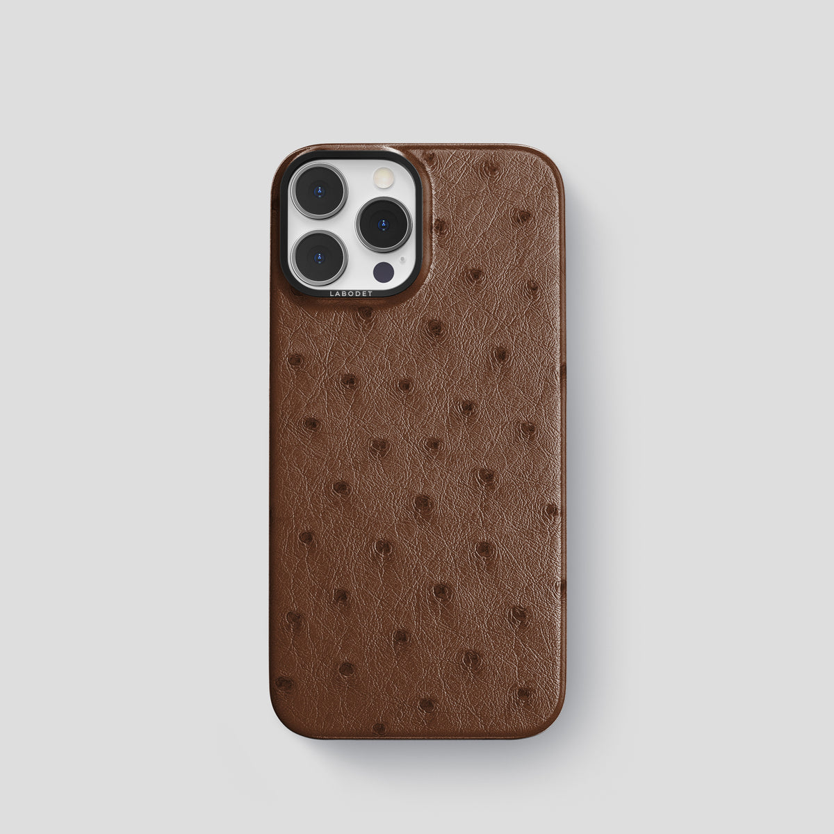 Chocolate iPhone 15 Pro Classic Case Ostrich with Black Metal -1 | Chocolate-Black