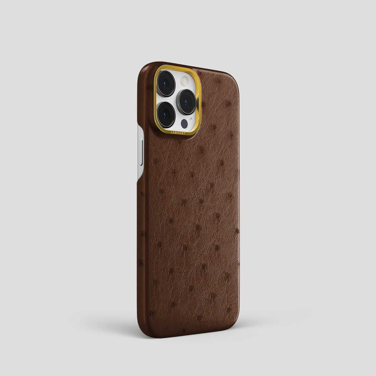 Chocolate iPhone 15 Pro Classic Case Ostrich with Gold Metal -2 | Chocolate-Gold