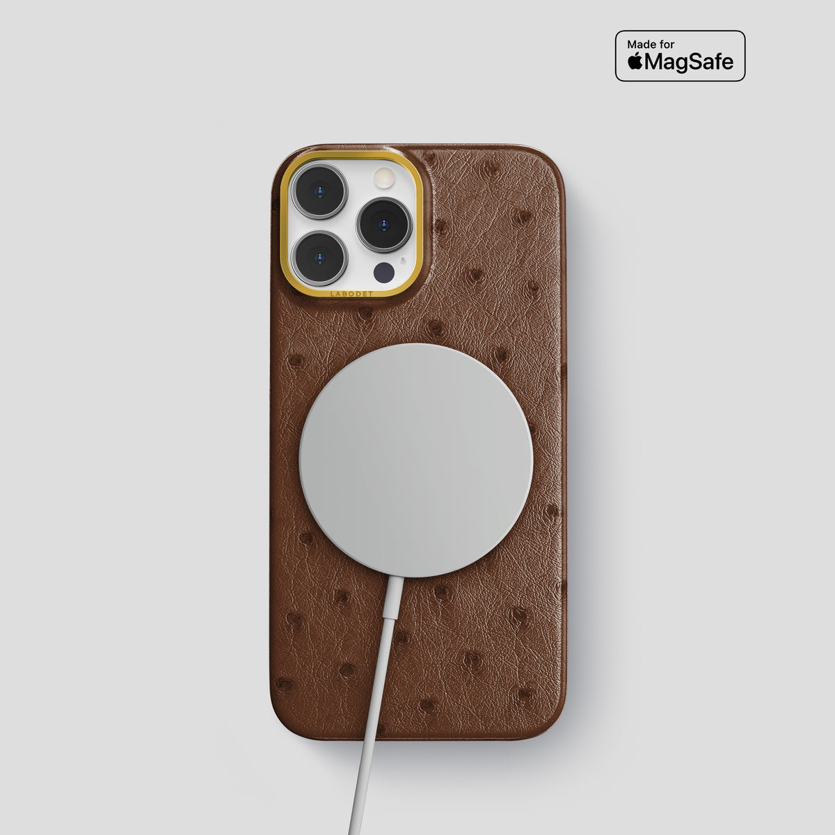 Chocolate iPhone 15 Pro Classic Case Ostrich with Gold Metal -4 | Chocolate-Gold
