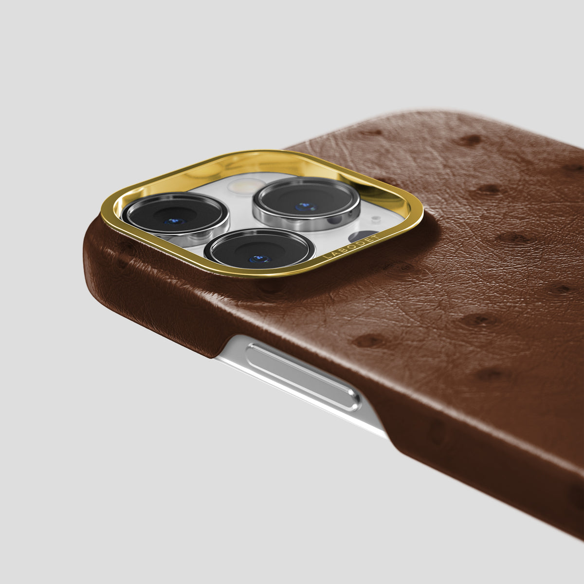 Chocolate iPhone 15 Pro Classic Case Ostrich with Gold Metal -5 | Chocolate-Gold