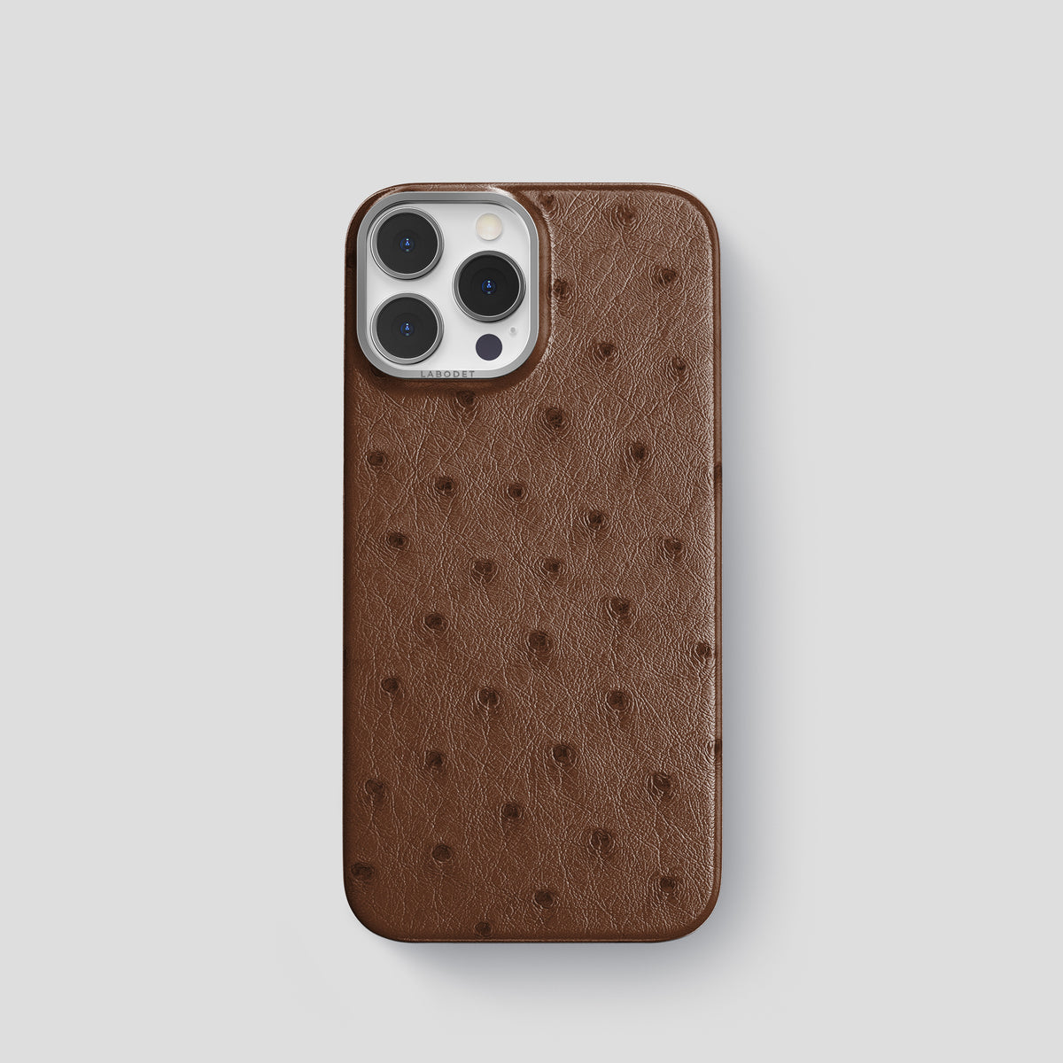 Chocolate iPhone 15 Pro Classic Case Ostrich with Steel Metal -1 | Chocolate-Steel