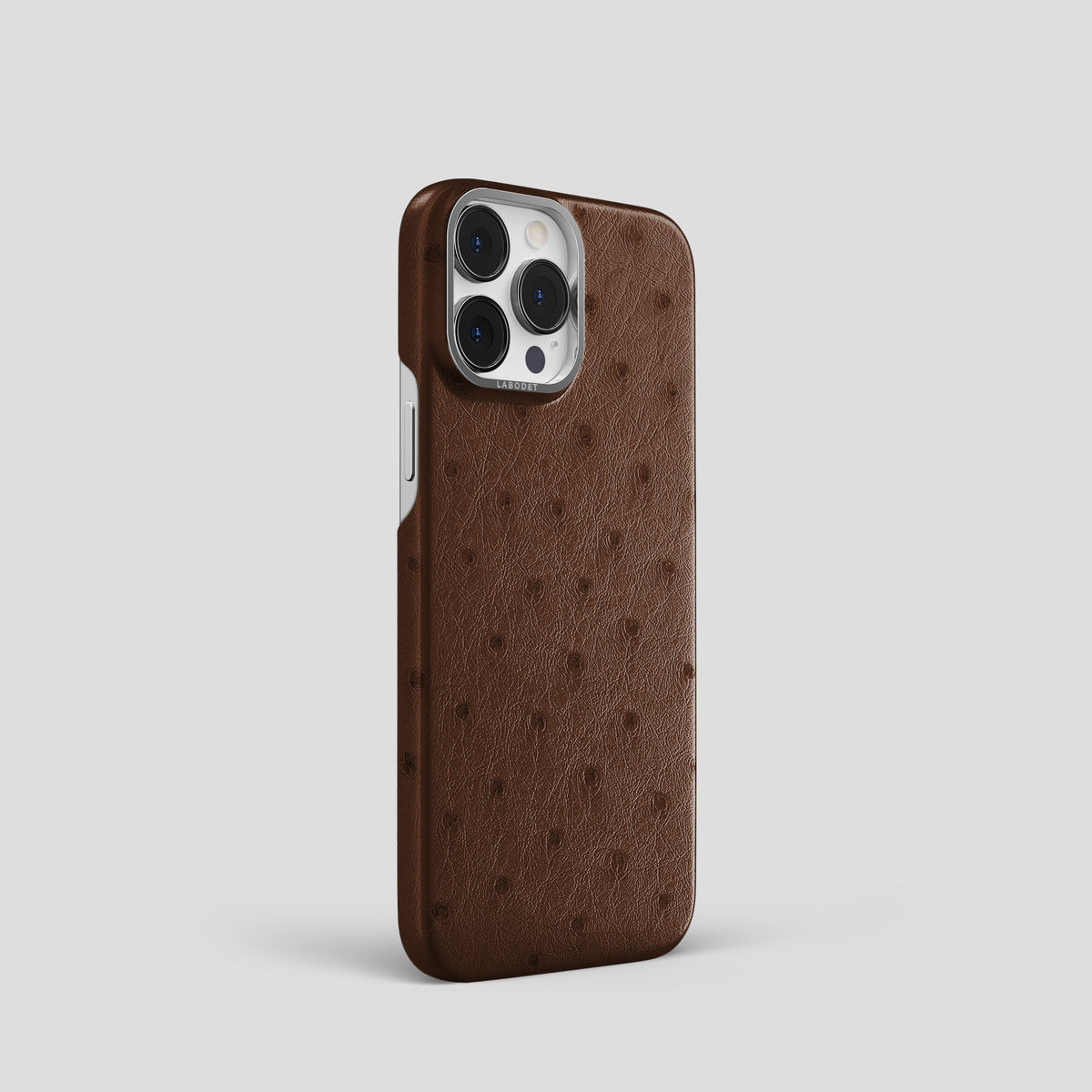 Chocolate iPhone 15 Pro Classic Case Ostrich with Steel Metal -2 | Chocolate-Steel