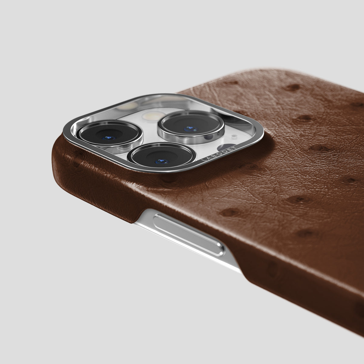 Chocolate iPhone 15 Pro Classic Case Ostrich with Steel Metal -5 | Chocolate-Steel