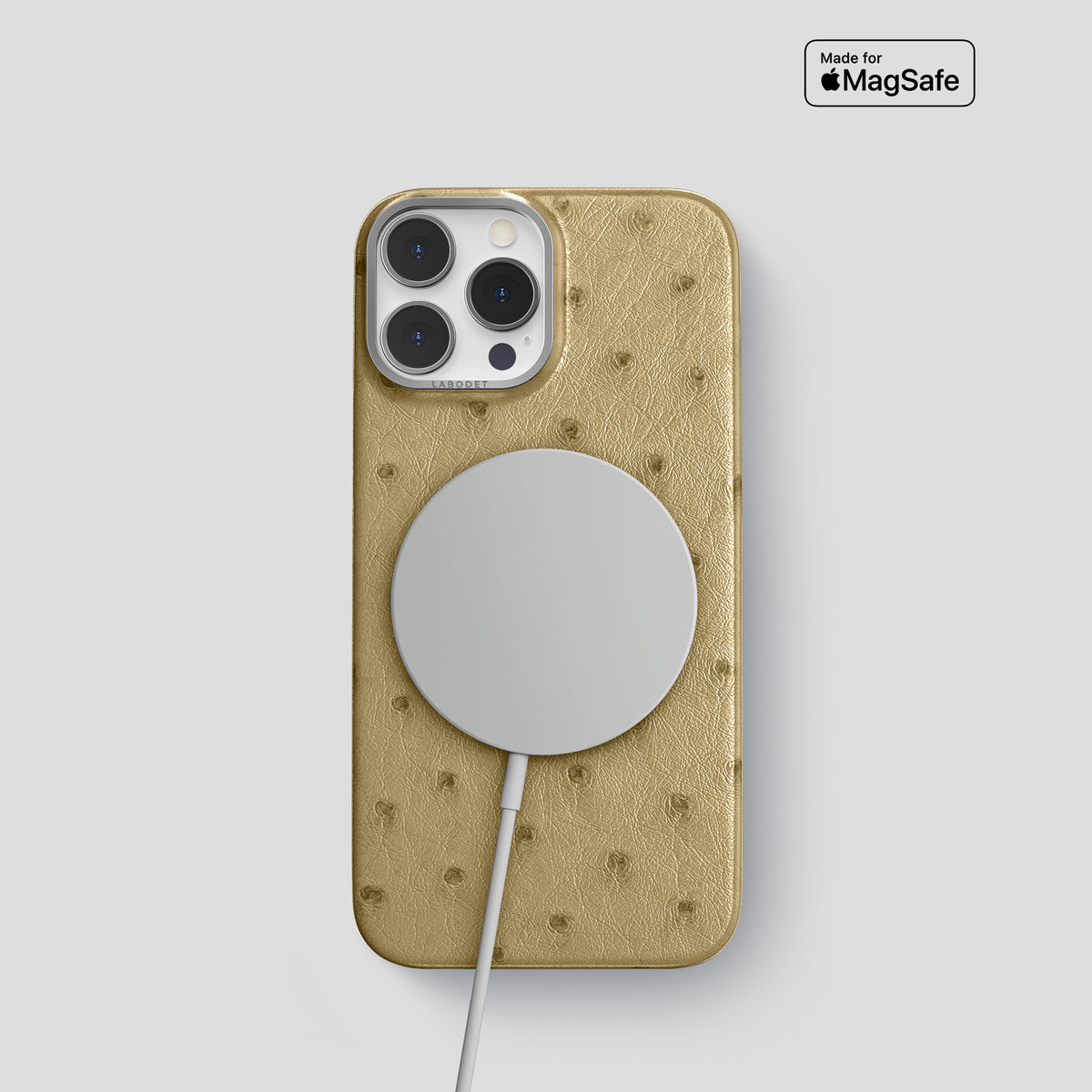 Desert-Sand iPhone 15 Pro Classic Case Ostrich with Steel Metal -4 | Desert-Sand-Steel