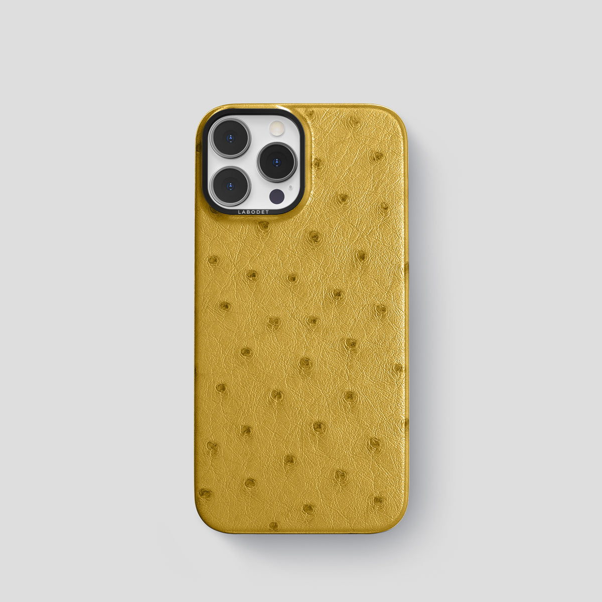 Gold iPhone 15 Pro Classic Case Ostrich with Black Metal -1 | Gold-Black
