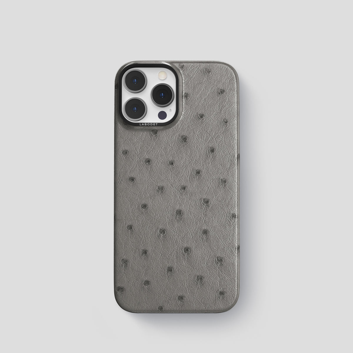 Grey iPhone 15 Pro Classic Case Ostrich with Black Metal -1 | Grey-Black