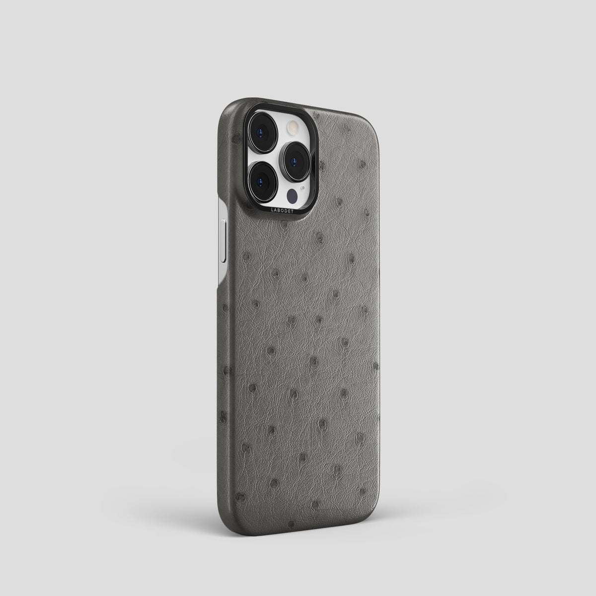 Grey iPhone 15 Pro Classic Case Ostrich with Black Metal -2 | Grey-Black
